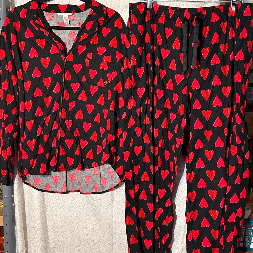 Victoria's Secret Button Up Black Heart Pajama Set